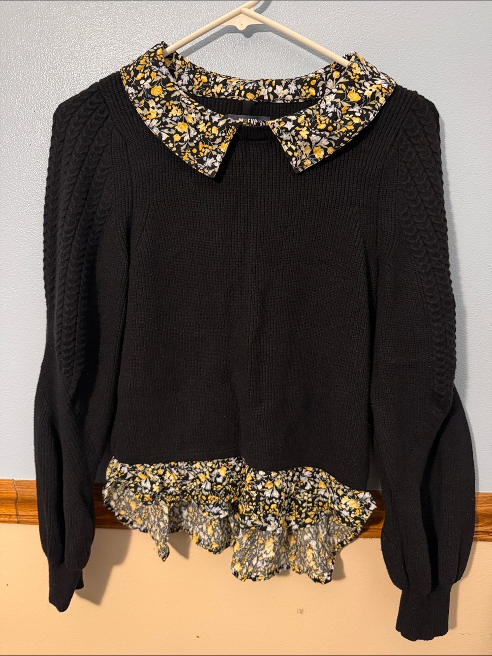 Anthropologie Maeve Black Floral Twofer Pullover Sweater Size XS